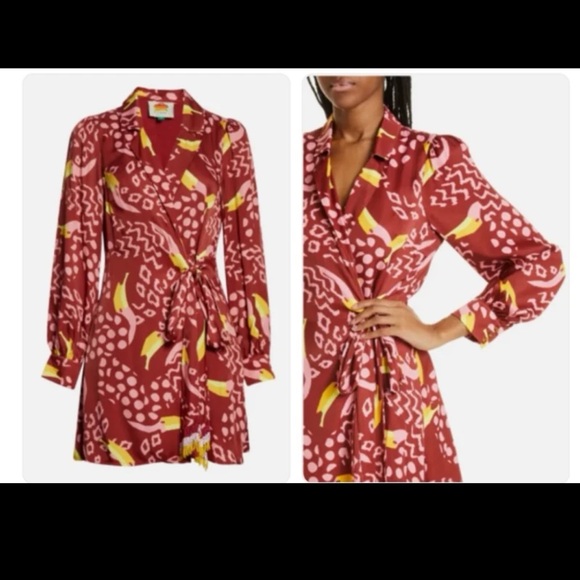 Farm Rio Toucanissimo Long Sleeve Print Beaded Tie Dress size Medium - Picture 5 of 12